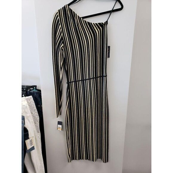 ‎Rachel Roy Black/Gold Belted One-Shoulder Dress S - Picture 4 of 6